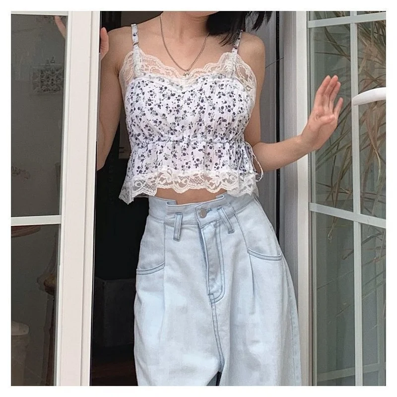 

Sleeveless Women's Clothing Print Spaghetti Strap V-neck Off Shoulder Lece Up Crop Top Print Summer Sweet Ladies Camis New