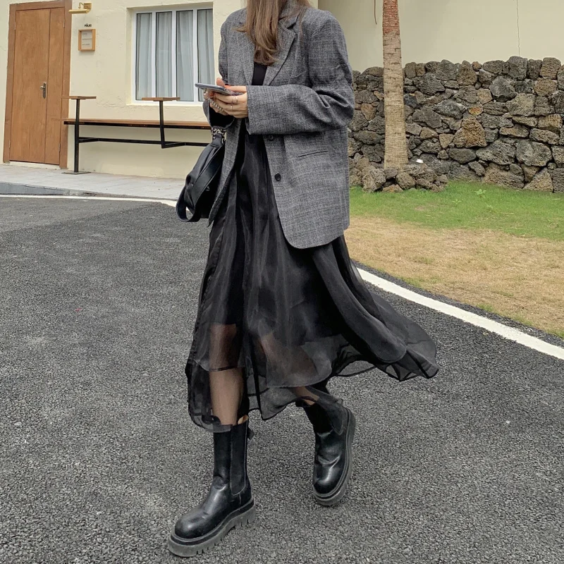 

Hzirip Black Mesh Chic Korean A-Line Patchwork Elegance Fashion New Sweet 2021 Bottoming Elegant Women OL Sexy Long Skirts