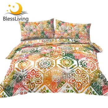 BlessLiving Watercolor Bedding Set Floral Tiles Bedspread Vintage Flower Duvet Cover Set Ethnic Boho Mandala Bed Cover King 1