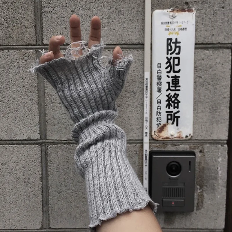 

One Pair Broken Slit Gloves Personality Gothic Punk Fingerless Gloves for Women Knit Winter Warm Mittens Long 33cm Elbow Gloves