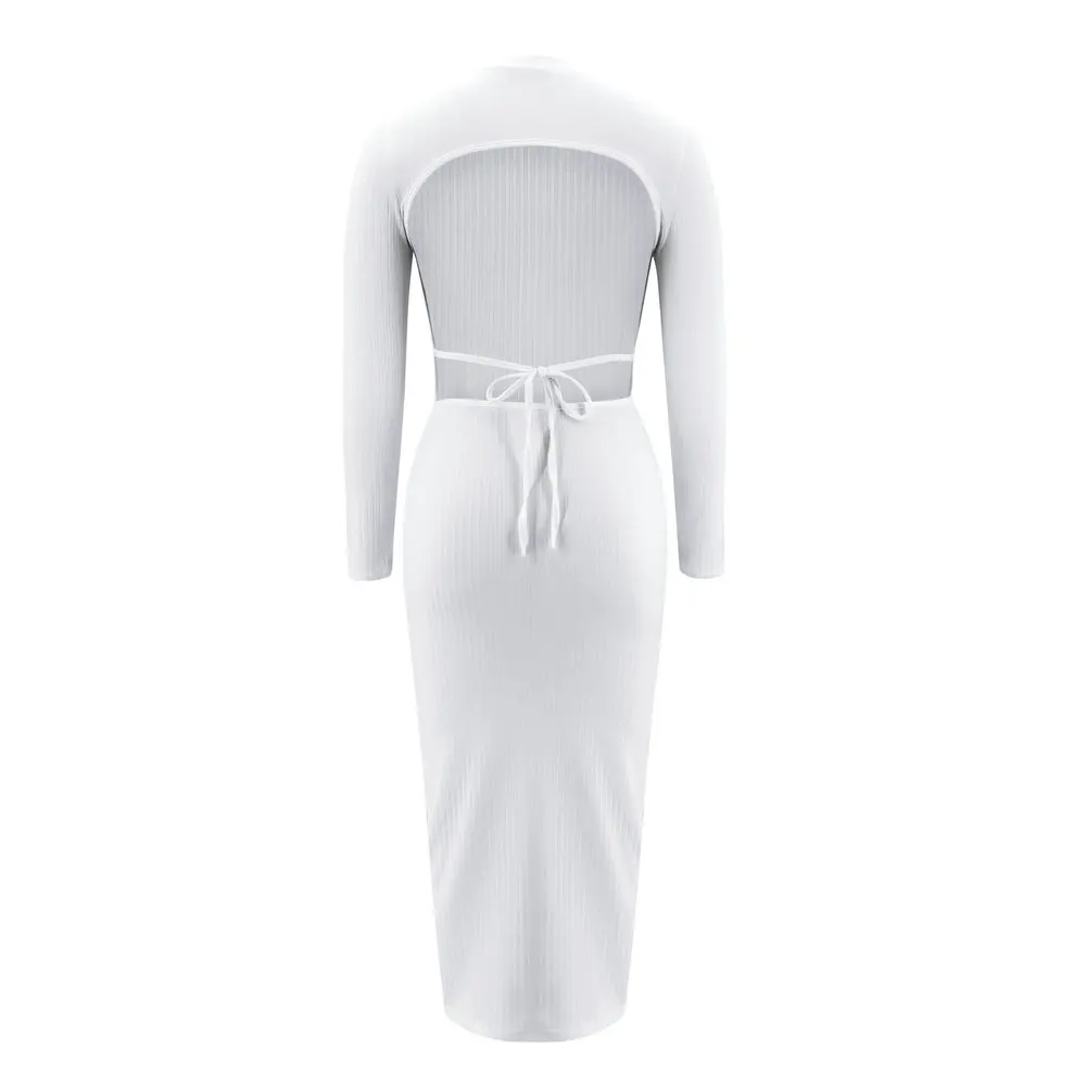 Женское трикотажное платье в рубчик однотонное облегающее мини с длинным