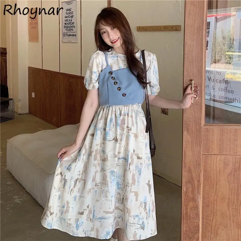 

Women Dress Sets Elegant Trendy French Style Vintage Student Printing Buttons Summer Puff Sleeve Leisure Colorful Streetwear New