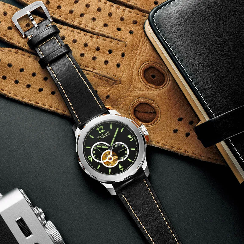 Модные мужские механические Автоматические часы Parnis 44 мм с кожаным ремешком и