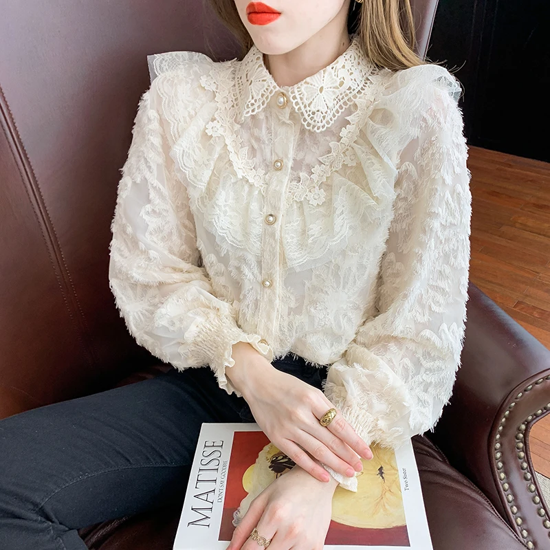 Новая весенняя Милая офисная Дамская блузка с кружевным воротником и оборками