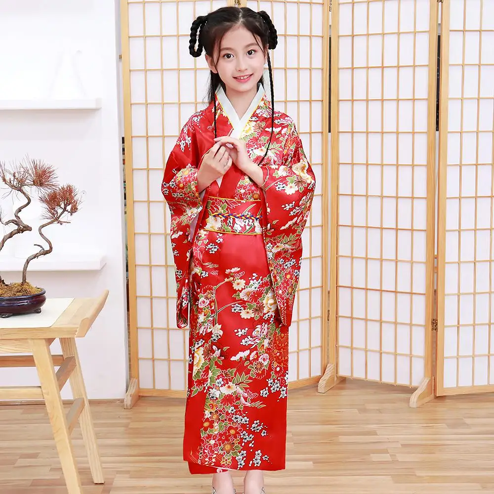 Print Flower Children Japanese Traditional Evening Party Prom Dress Performace Clothing Kimono Bathrobe Gown Full Sleeve Gown - Цвет: Red 2