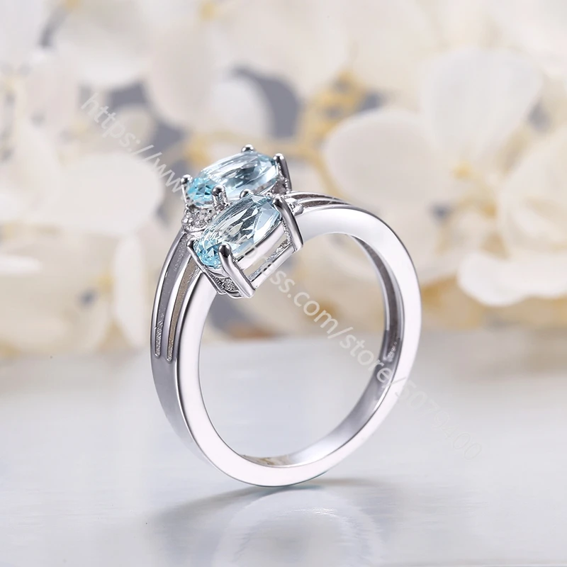 

Oval Aquamarines Ring white double Blue gems Ring March Birthstone Vintage Ring Anniversary Birthday Gift For her