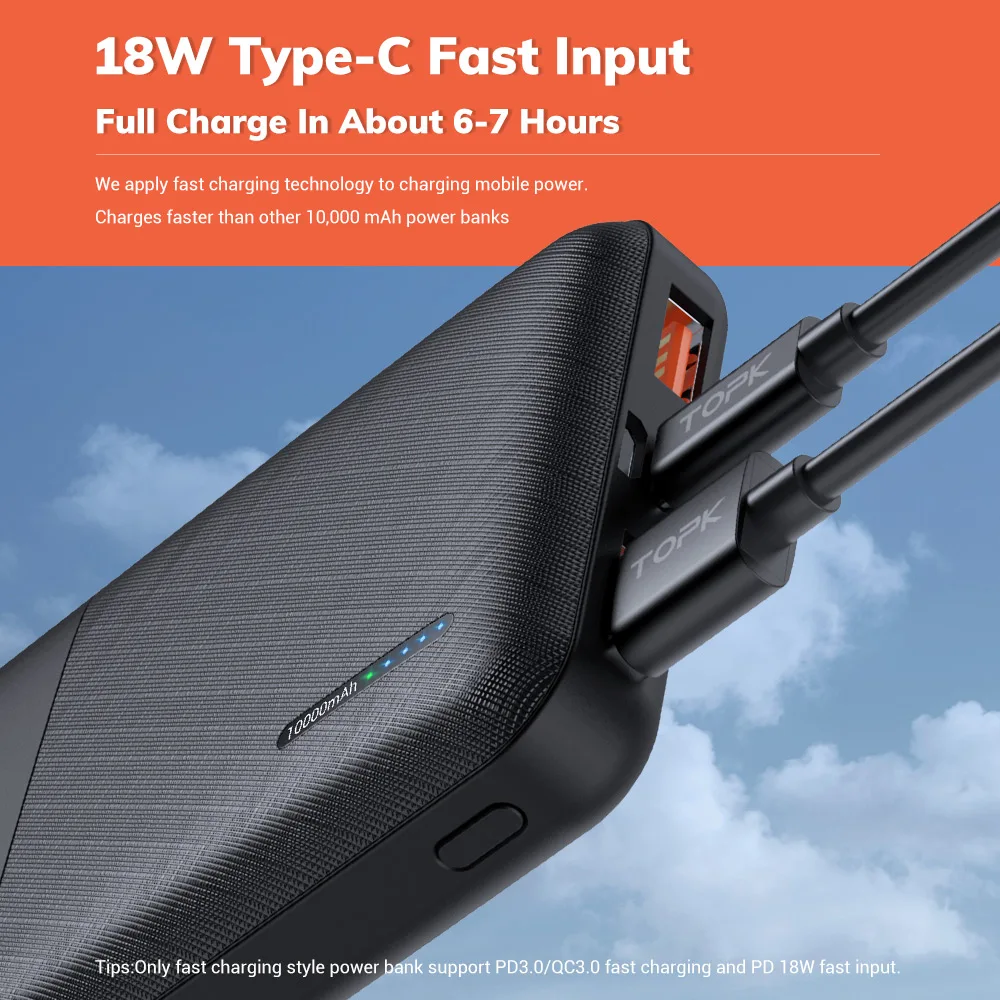 Внешний аккумулятор TOPK I1009Q 10000 мАч быстрая зарядка 3 0 + USB Type-C PD Внешнее зарядное