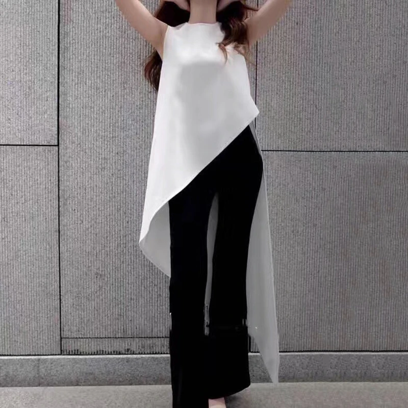 CHICEVER Корейская шифоновая рубашка для женщин без рукавов Асимметричный большой