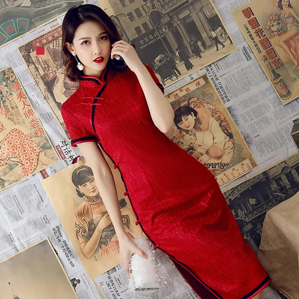 

Chinese Traditional Costumes Women Short Sleeve Lace Slit Hem Chinese Cheongsam Banquet Midi Bodycon Dress