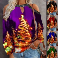 oversize christmas tree elk print womens t shirt long lantern sleeve christmas print tops womens casual off shoulder clothes