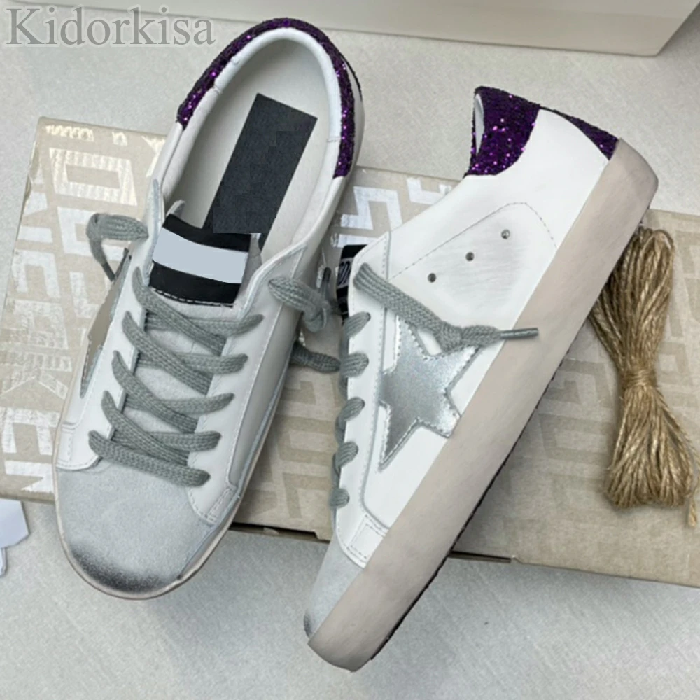 

Old Dirty Shoes for Woman Shiny Purple Heel Patchwork Lace-up Women Sneakers Lace-up Star Sport Shoes Customized