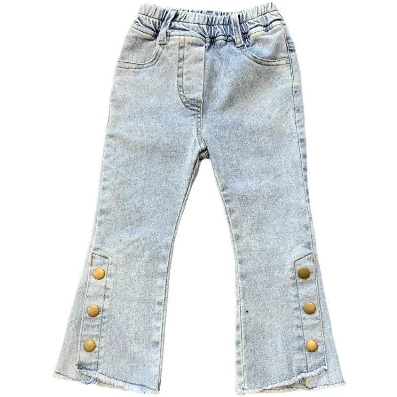 

Baby Girls Bell Bottom Jeans New Spring Autumn Kids Flare Pants Solid Color Trousers Elastic Denim Fall Children's Fashion Jeans