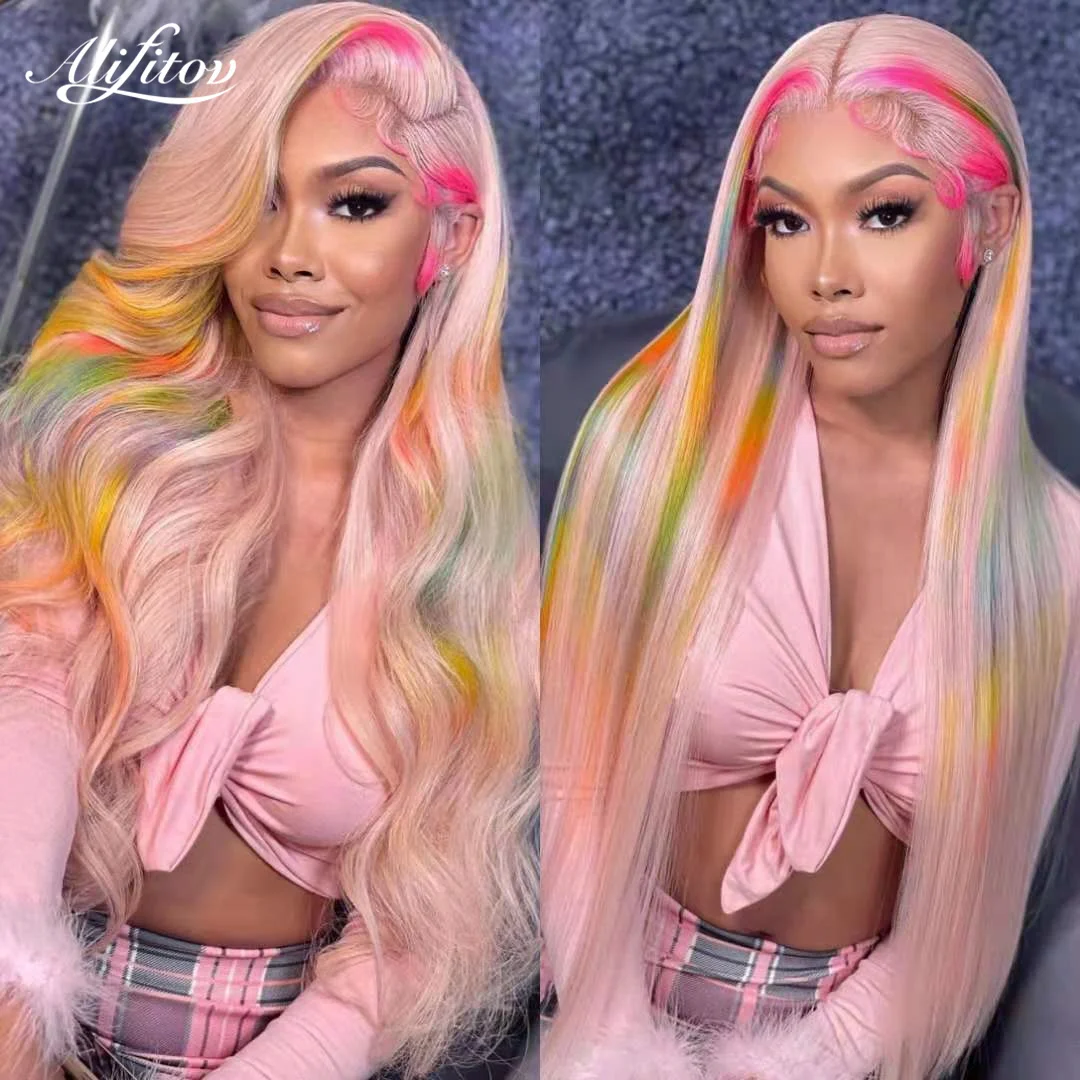 ALIFITOV-Peluca de cabello humano ondulado para mujer, postizo de encaje Frontal de Color arcoíris, pelucas con minimechones transparentes
