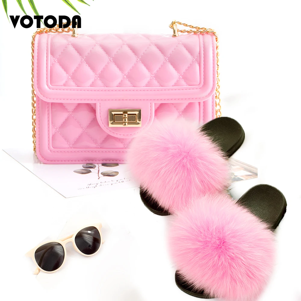 

Summer Women fur slippers purse set Fluffy fox fur slides ladies Flat sandals shoes girl Check chain handbag Rainbow jelly bags