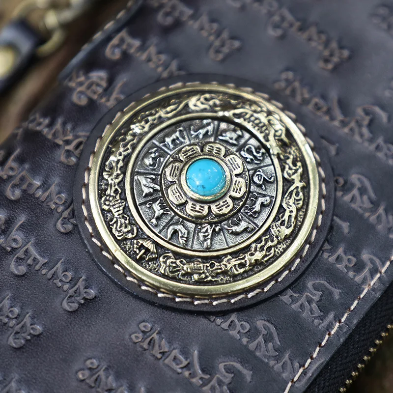 

YourSeason Women National Style Cow Leather Hand Wallet 2021 Vintage Men Ladies Tibetan Scripture Long Wallet Card Holder
