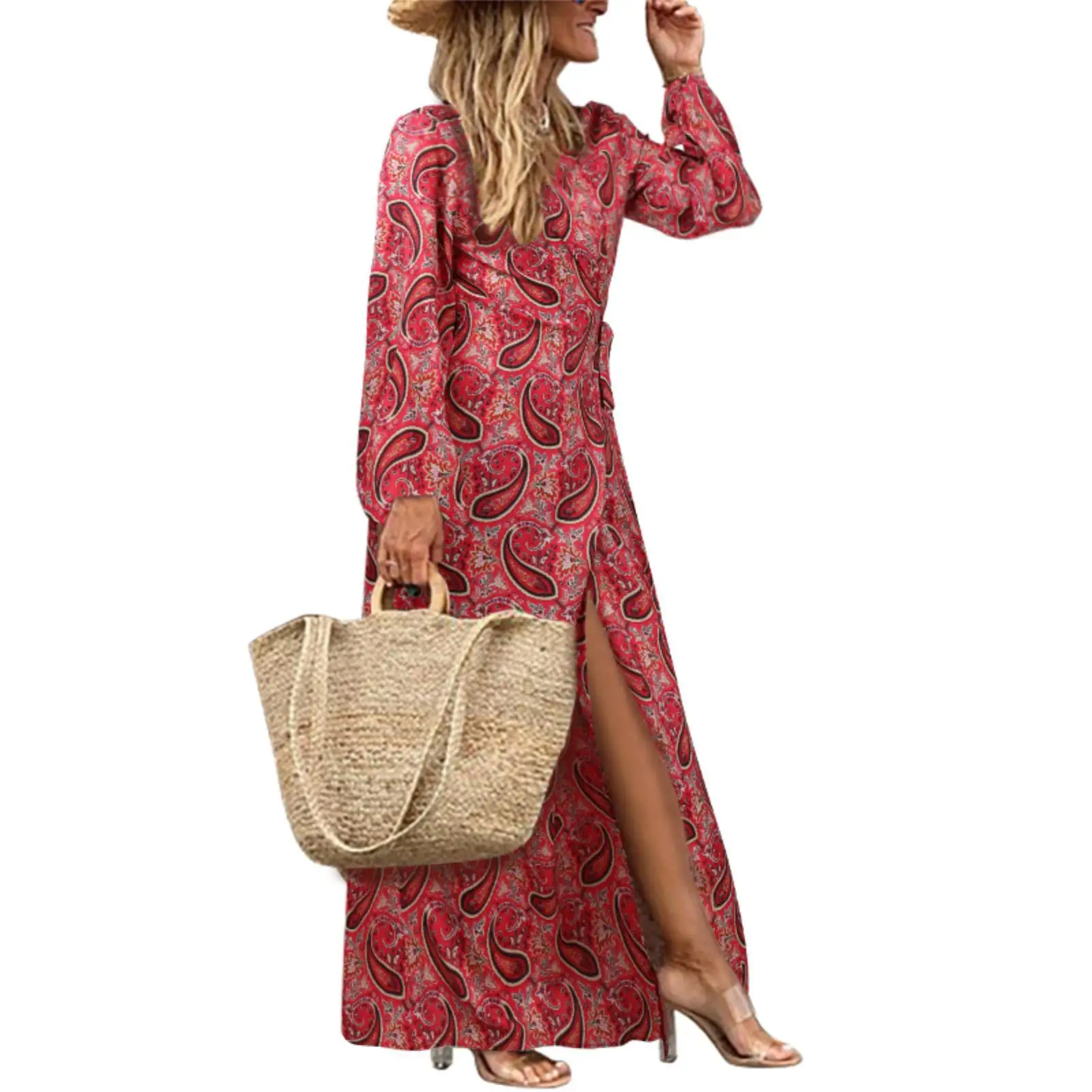

Платье женщина Boho Женская осень-зима с v-образным вырезом с длинным рукавом с принтом «пейсли» Разделение подол платья макси платье vestido de ...