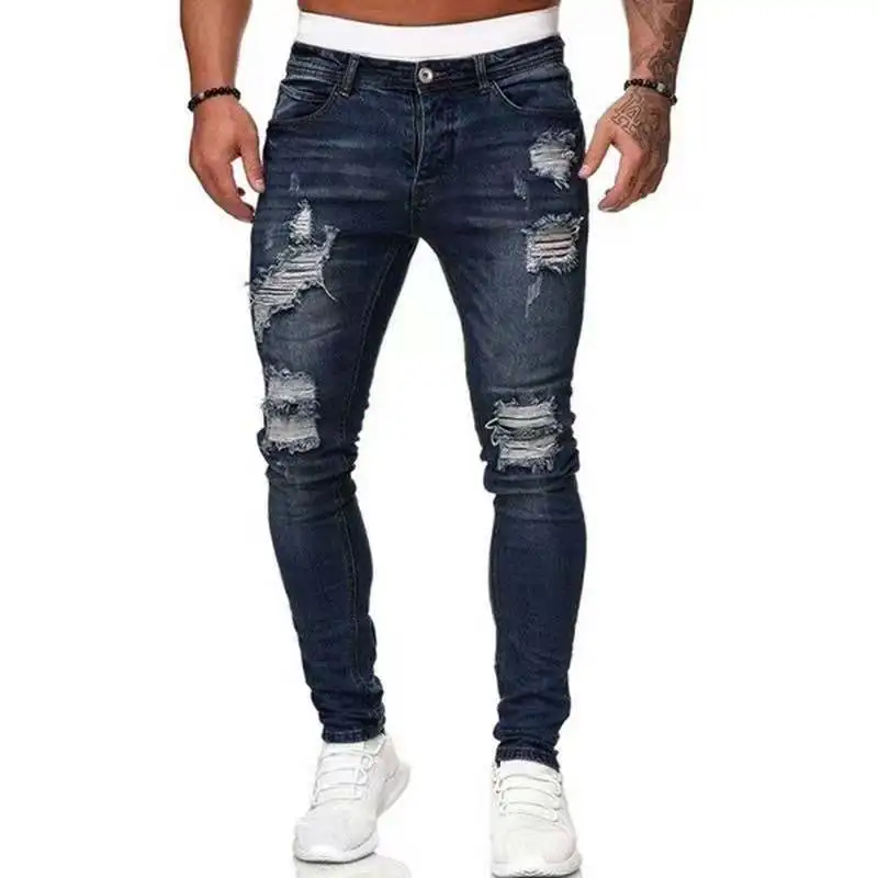 

2021 Men's New Sports Pants Sexy Ripped Jeans Trousers Casual Men Ripped Thin Distressed Retro Trousers Slim-Fit Motorcycle Jack