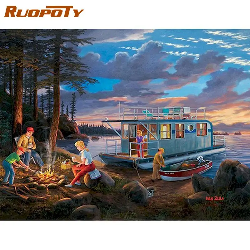 

RUOPOTY Pictures By Numbers Picnic In Ocean Forest Landscape Painting Framed On Canvas 60x75cm Home Living Room Decor Artwork
