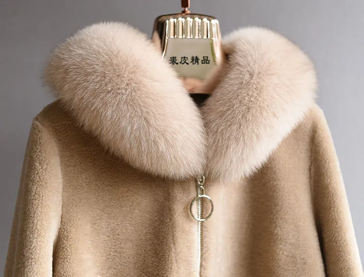 OFTBUY пальто с натуральным мехом, зимняя женская куртка, Воротник из натурального Лисьего меха, капюшон, шерсть, тканая верхняя одежда, плюшевый флис