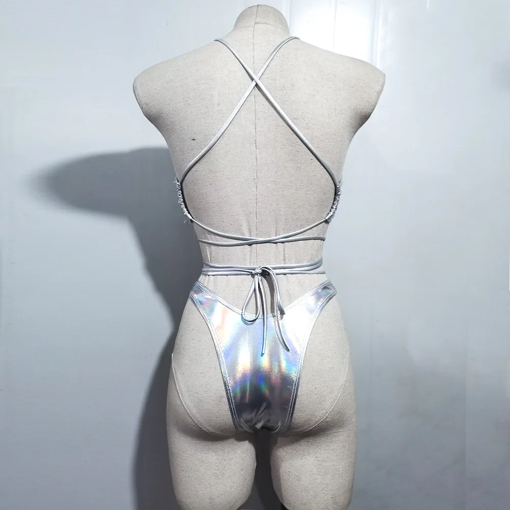 

Sexy High Neck Cross Micro Bikini 2020 Sequin Silver Neon Green High Cut Push Up Swimsuit Women Lace Up Bandage Thong Swimwear