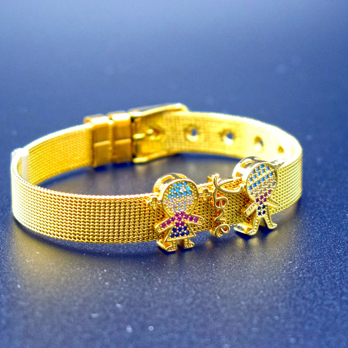 

Rainbow CZ Boy Love Girl Charm Bracelet Stainless Steel Mesh Bangle Couple Bracelets for Women Lover Family Wedding Jewelry