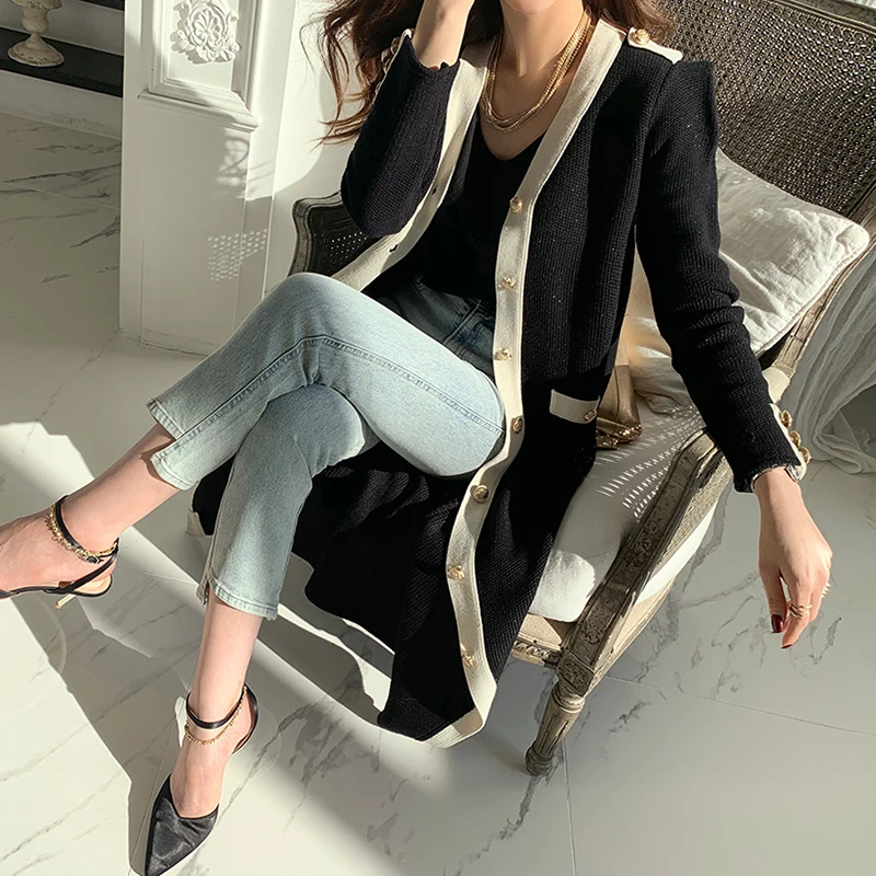 

Sister Fara Spring 2021 New V-Neck Woman Knitting Cardigan Dress Chic Single Breasted Autumn Office Lady Ankle-Length Dresses