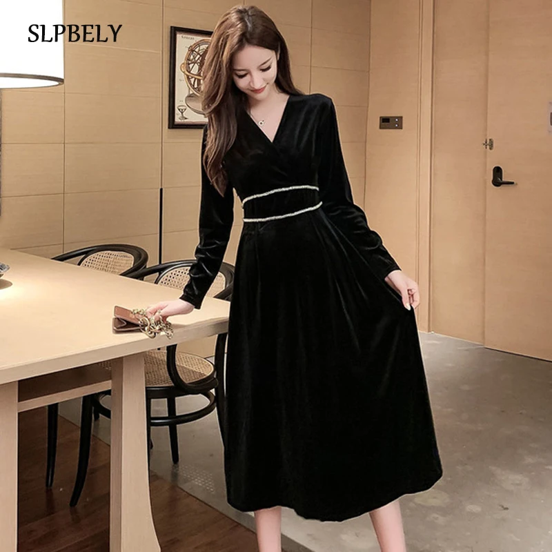

SLPBELY Hepburn Black Velvet Dress For Women Autumn Elegant V Neck Long Sleeve Midi Dress Office Ladies Party Dress 2021 New