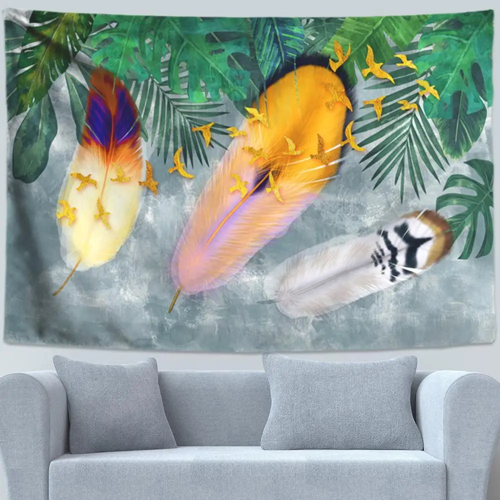Boho Feather Tapestry Tropical Plant Wall Hanging Large Psychedelic Living Room Cloth Multi-function Tapestries | Дом и сад