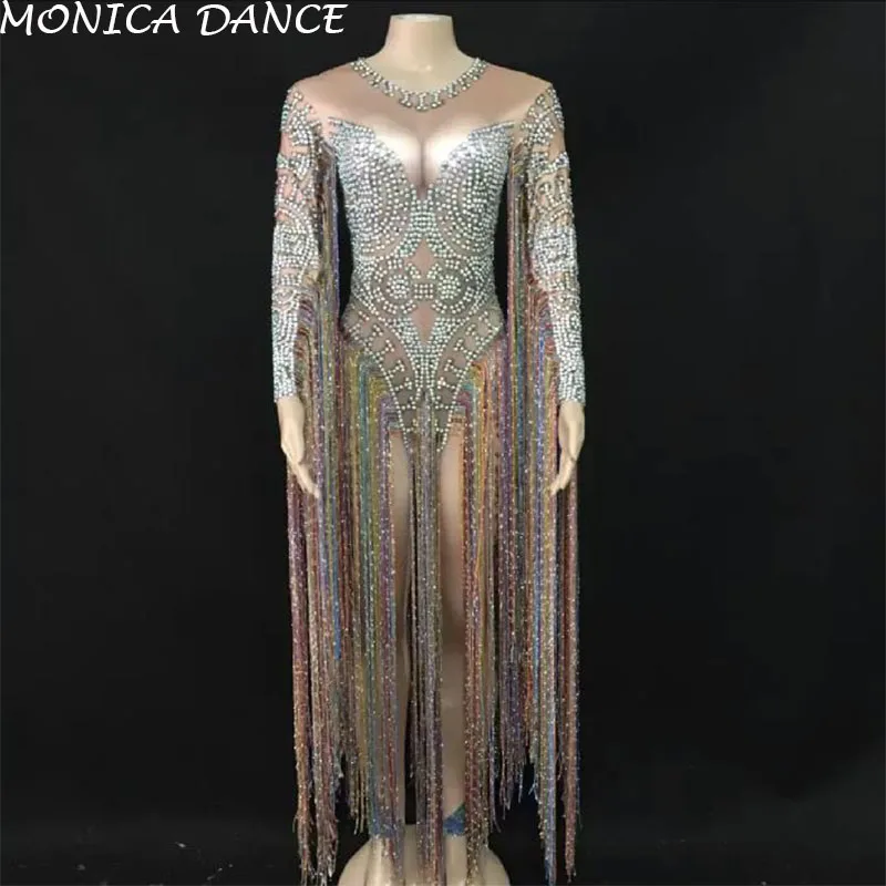 Женский сексуальный костюм для сцены с кисточками вечеринки стразы бахромой дня