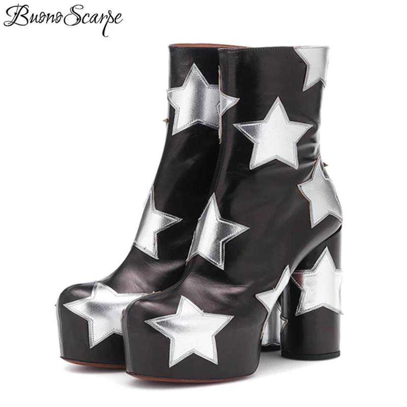 

Buono Scarpe Platform Ankle Women Boots Strars Short Botas Fenimina Fashion Brand Ladies Boots Prom High Heel Chunky Boots 2019