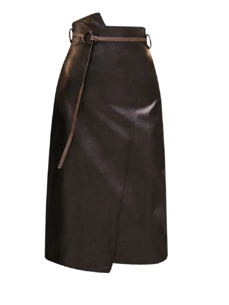 

CHIC Punk Faux PU Leather Skirt Irregular High Waist Knee Length Women Midi Skirts OL High Street Ladies Wear With Belt