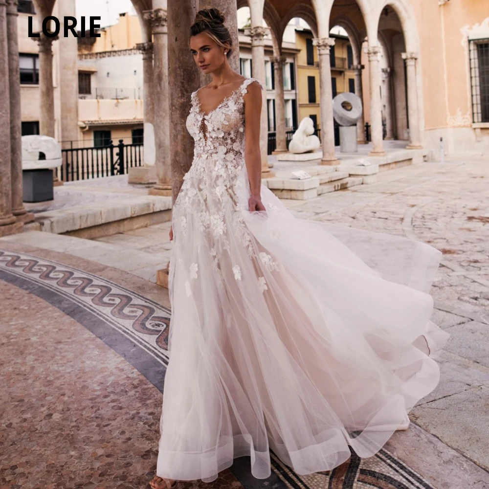 

LORIE Summer Beach Wedding Dresses Boho 2020 Lace Appliques Soft Tulle Light Pink Bride Gown with Sweep Train Sleeveless Dress