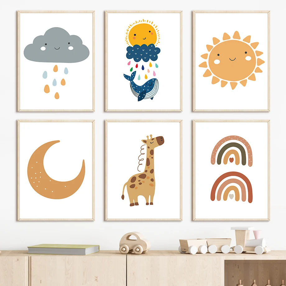 

Sun Cloud Whale Giraffe Moon Wall Art Canvas Painting Nordic Posters And Prints Nursery Wall Pictures For Baby Kids Room Decor
