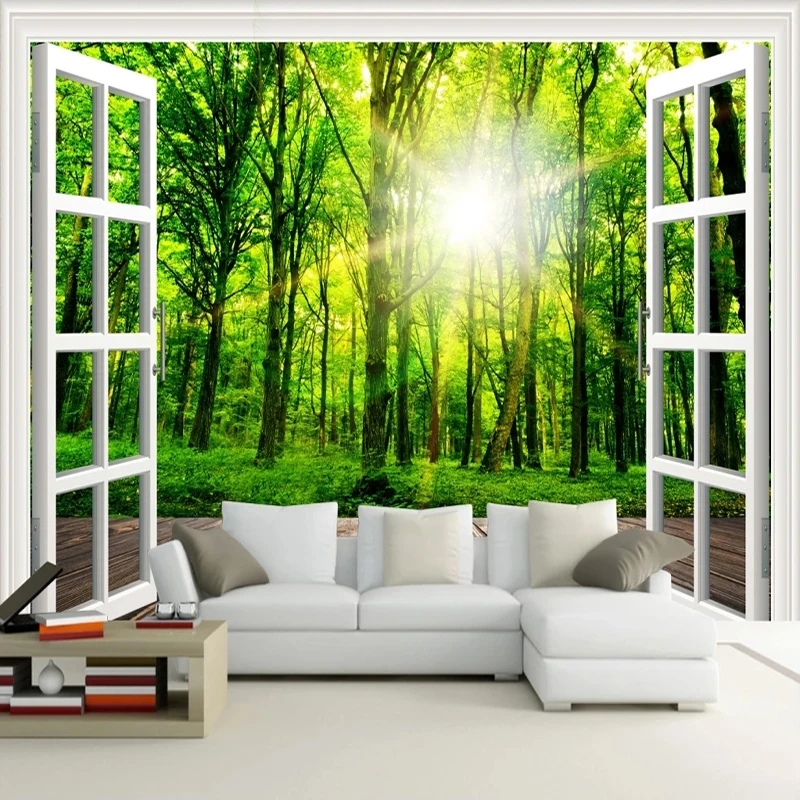 

Пользовательские фото 3D Солнечный свет зеленый лес окно природа пейзаж живопись спальня гостиная диван украшение настенные панно обои
