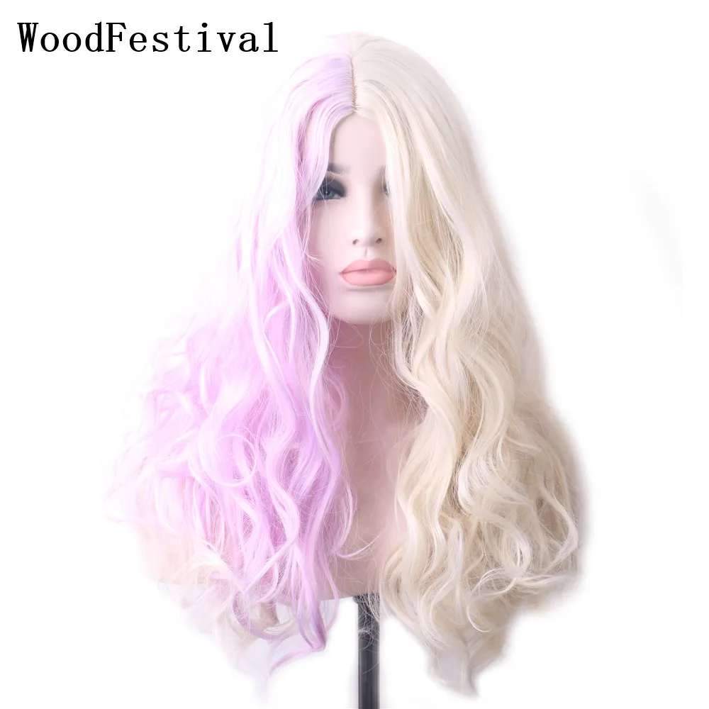 

WoodFestival Synthetic Long Hair Wavy Ombre Wig For Women Colored Cosplay Wigs Two Tone Pink Blonde Black Purple Blue Red Green