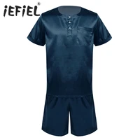 men solid loose satin pajama set sleepwear lounge wear button short sleeve tops with elastic waistband shorts leisure clothes
