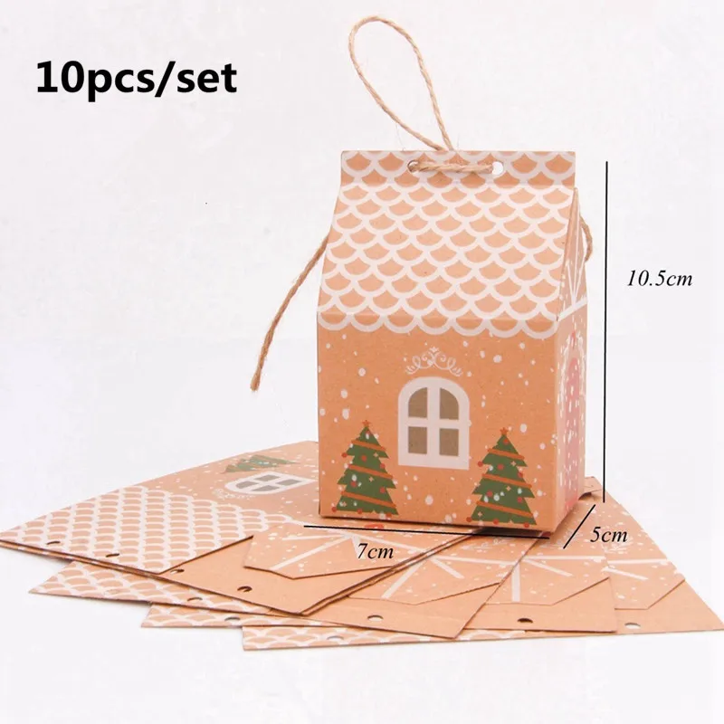 

10PCS Kraft Paper House Shape Candy Gift Bags With Ropes Cookies Packaging Boxes Christmas Tree Pendant Party Decor