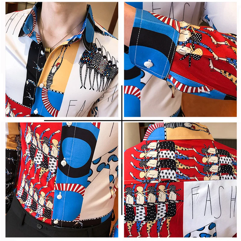 

Character Digital Printing Shirts For Men Slim Fit Long Sleeve Streetwear Camisa Masculina Club Casual Mens Printed Shirt V345