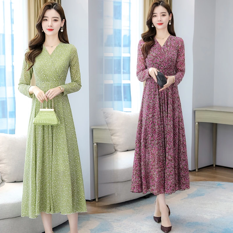 Женское шифоновое платье с длинным рукавом облегающее красного цвета цветочным