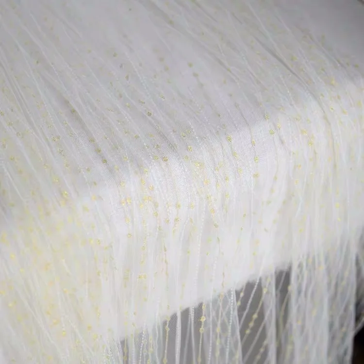 

Off White Mesh Lace Fabric Embroidered Gold Stripes Lace With Dots Off White Soft Tulle Lace Fabric