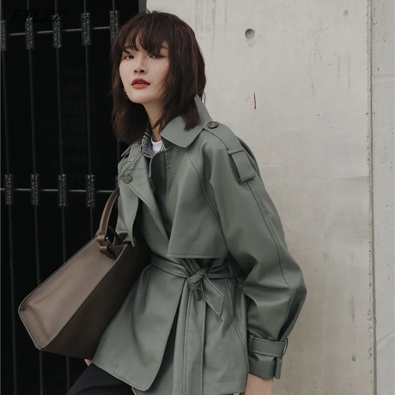 

ZCWXM Spring Autumn 2021 Women Lapel Pu Jacket Coat with Belt Simplicity New Casual Loose Office Lady Faux Leather Jacket