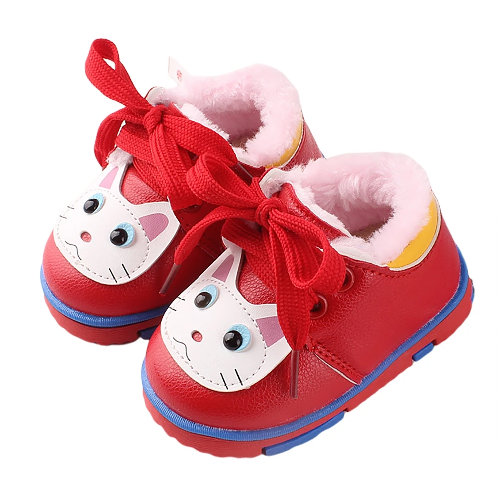

Bobora Baby Girls Soft Non-Slip Sole Shoes Cute Cartoon Kitten First Walkers Winter Infant Leather Warm Boots 0-24M