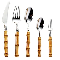 5pcs 20pcs natural bamboo handle portable stainless steel cutlery sets dessert spoon forks for dinnerware tableware top quality
