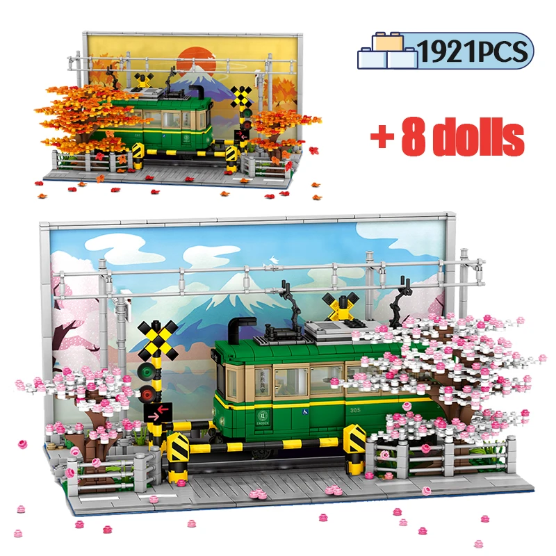 

City Street View Cherry blossoms Kamakura Train Building Blocks Architecture Anime Car Figures Bricks Toys For Children
