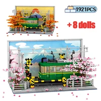 city street view cherry blossoms kamakura train building blocks architecture anime car figures bricks toys for children