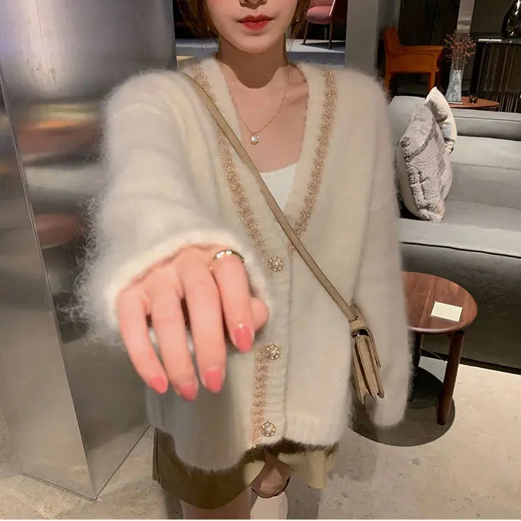 

New 2021 Autumn Winter Womens Faux Mink Fur Sweaters Female Casual V-Neck Buttons Knitted Cardigans Fashion Korean Knitwear H183