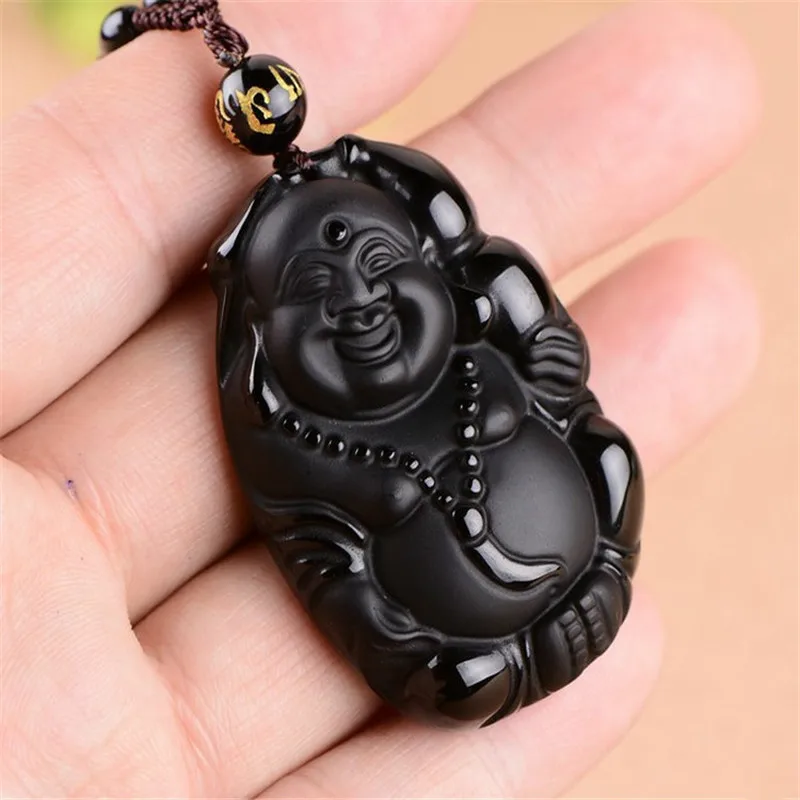 

Chinese Jade Black Obsidian Hand Carved Buddha Jade Pendant Necklace Fashion Jewelry Gift Maitreya Buddha Patron Saint Necklace