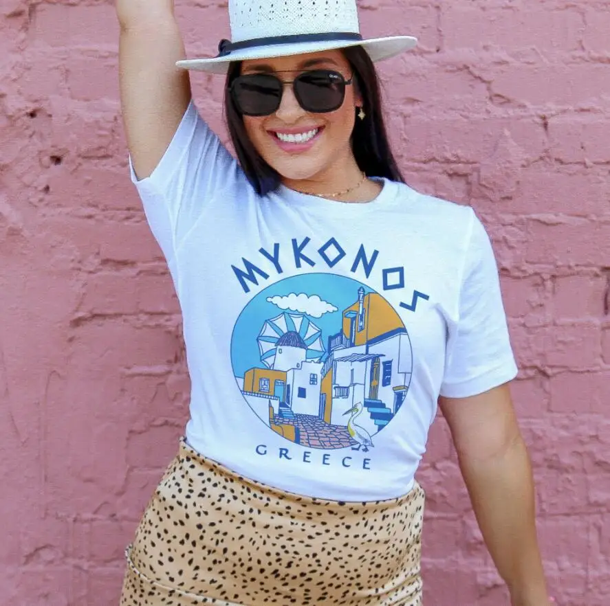 

Mykonos Travel Souvenir Unisex Cotton Shirt Short Sleeve Vintage Print Tee Oversize 80s 90s Graphic Top Funny Ulzzang T Shirts