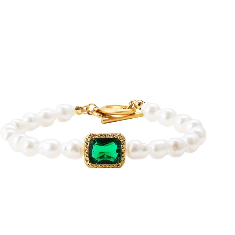 

Women Bohemian Jewelry Pearl Inlaid Green Gemstone Creative Bracelet