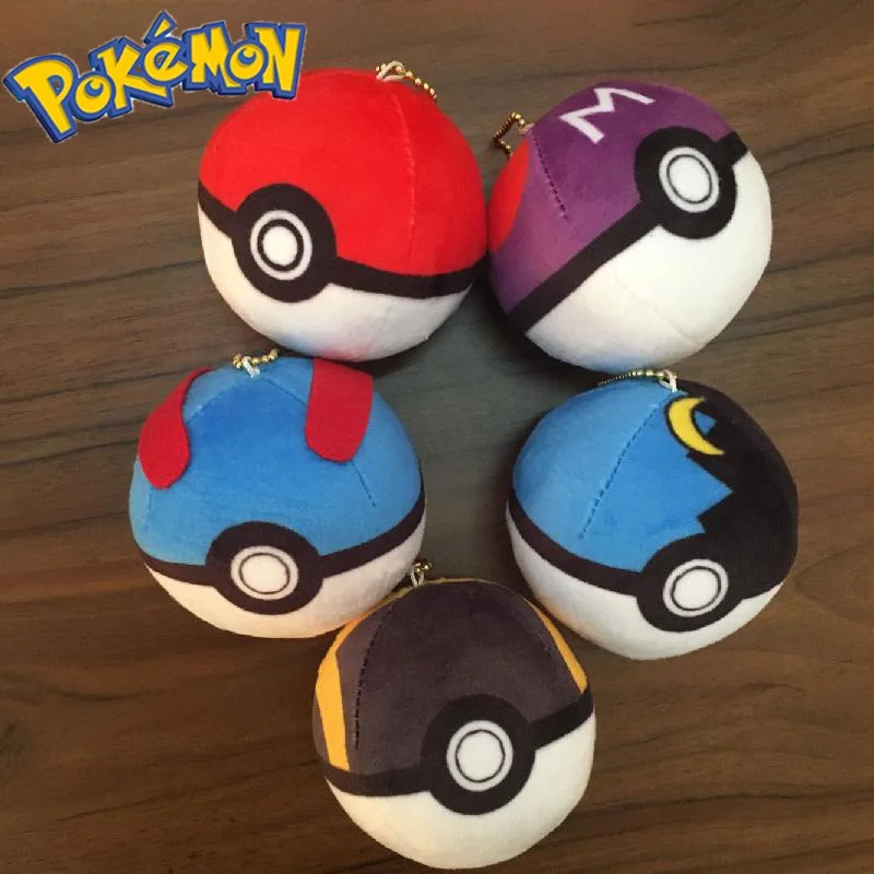 Conjunto de 5 unids/set de mu&ntilde;ecos de peluche de Pok&eacute;mon, animales de peluche en rojo, azul, p&uacute;rpura, Pokeball, Pikachu, Kawaii, adorno colgante, juguetes para ni&ntilde;os, regalo-0